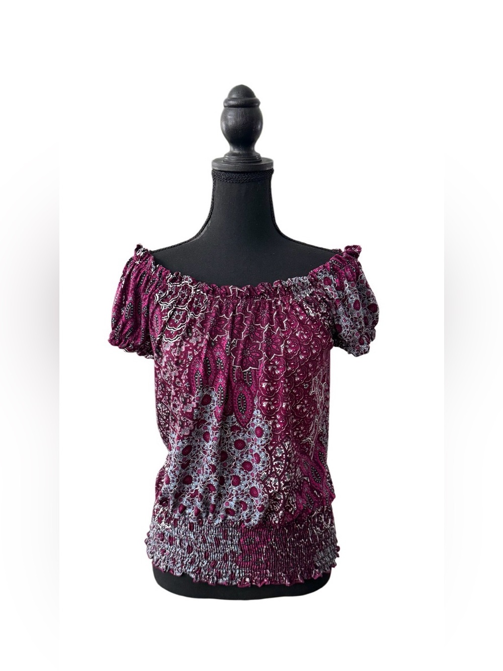 Jon Den: Off-Shoulder Smocked Waist Floral Print Top - Burgundy Purple